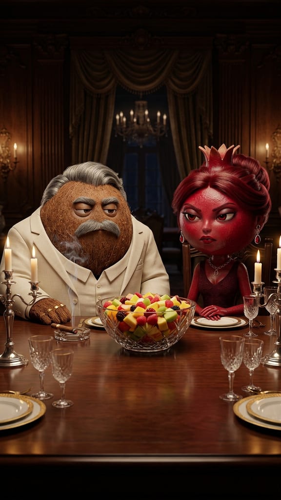 Don Coco and Pomegrana stare gravely at a bowl of fruit salad