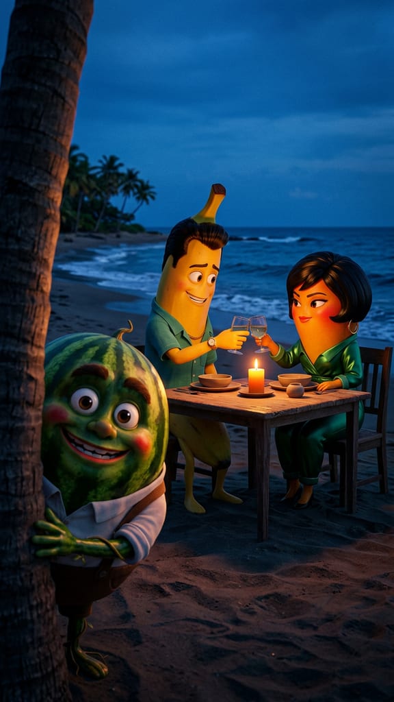 Melón Watson spies on Bananito and Mangella at a beach dinner