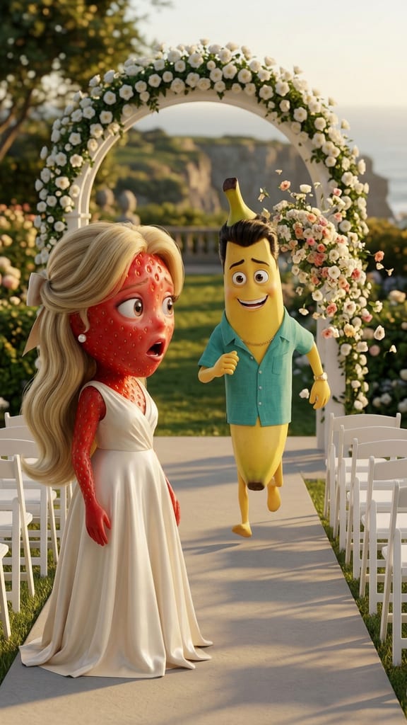 Bananito runs down the aisle as Strawberina turns in her wedding dress