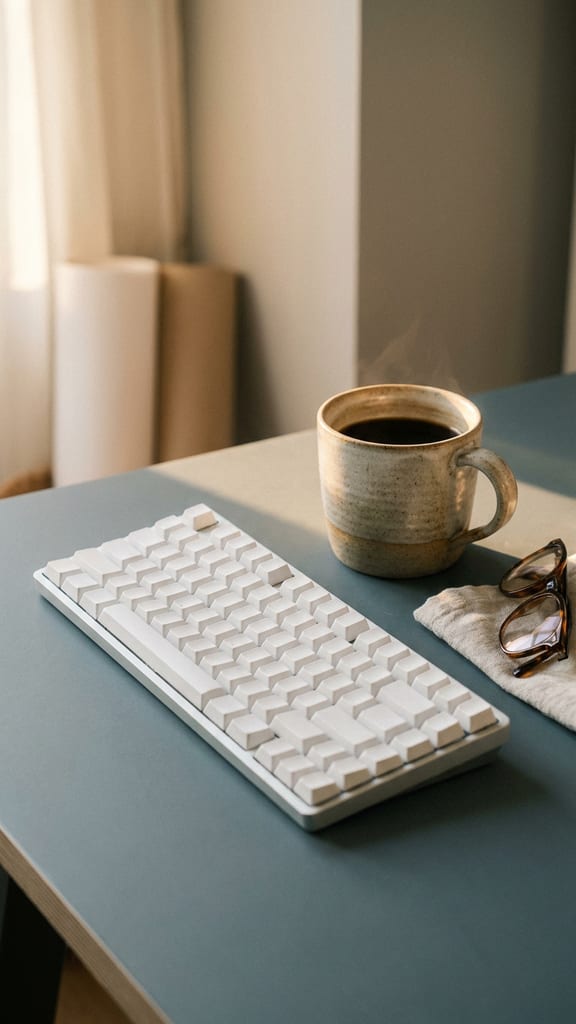 A coffee cup resting beside a keyboard mid-edit