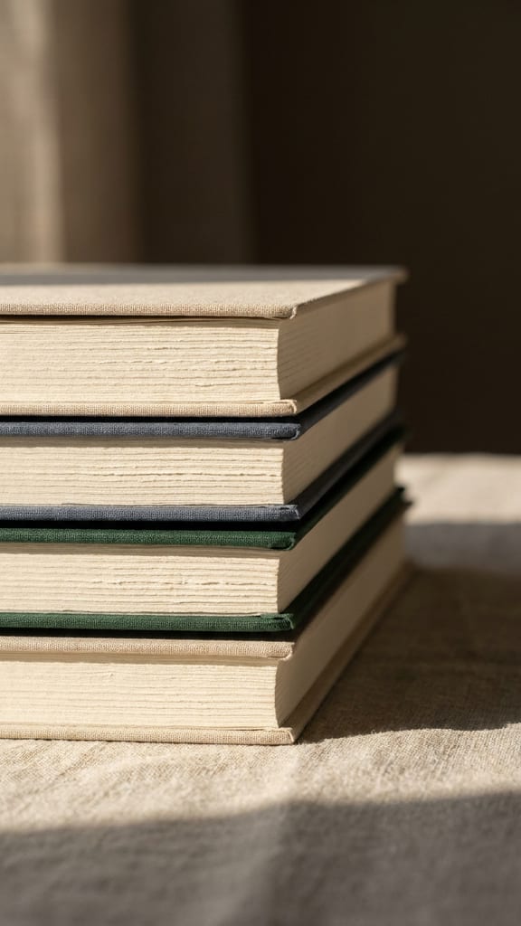 A stack of notebooks and printed drafts on a plain surface