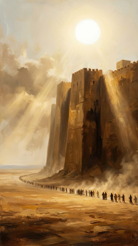 An ancient city wall rising over a dusty plain