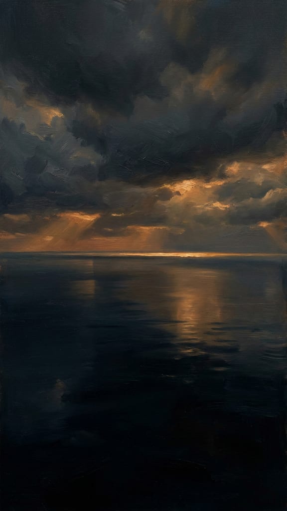 First light breaking across a dark and empty sea