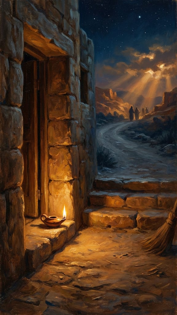 An oil lamp burning in a stone doorway at night