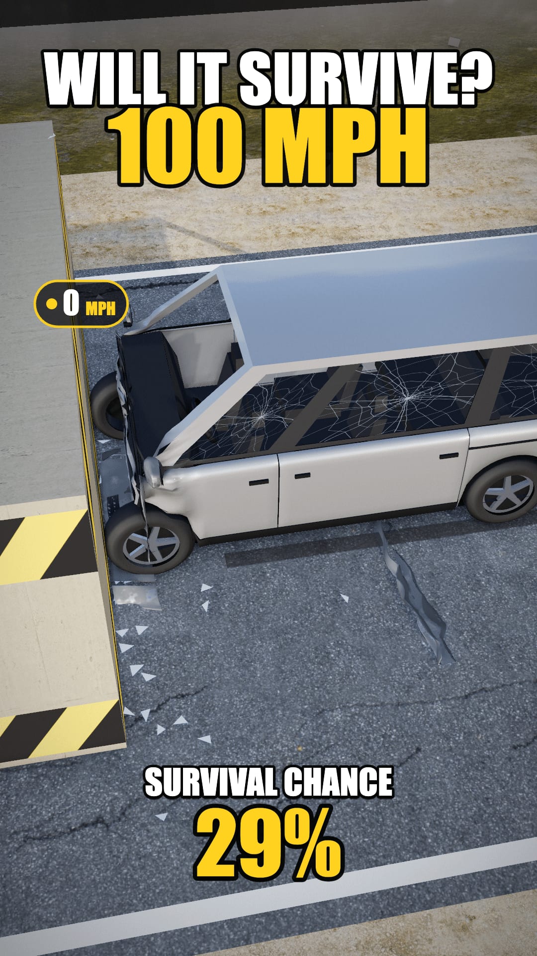 A minivan bouncing back from a striped crash wall