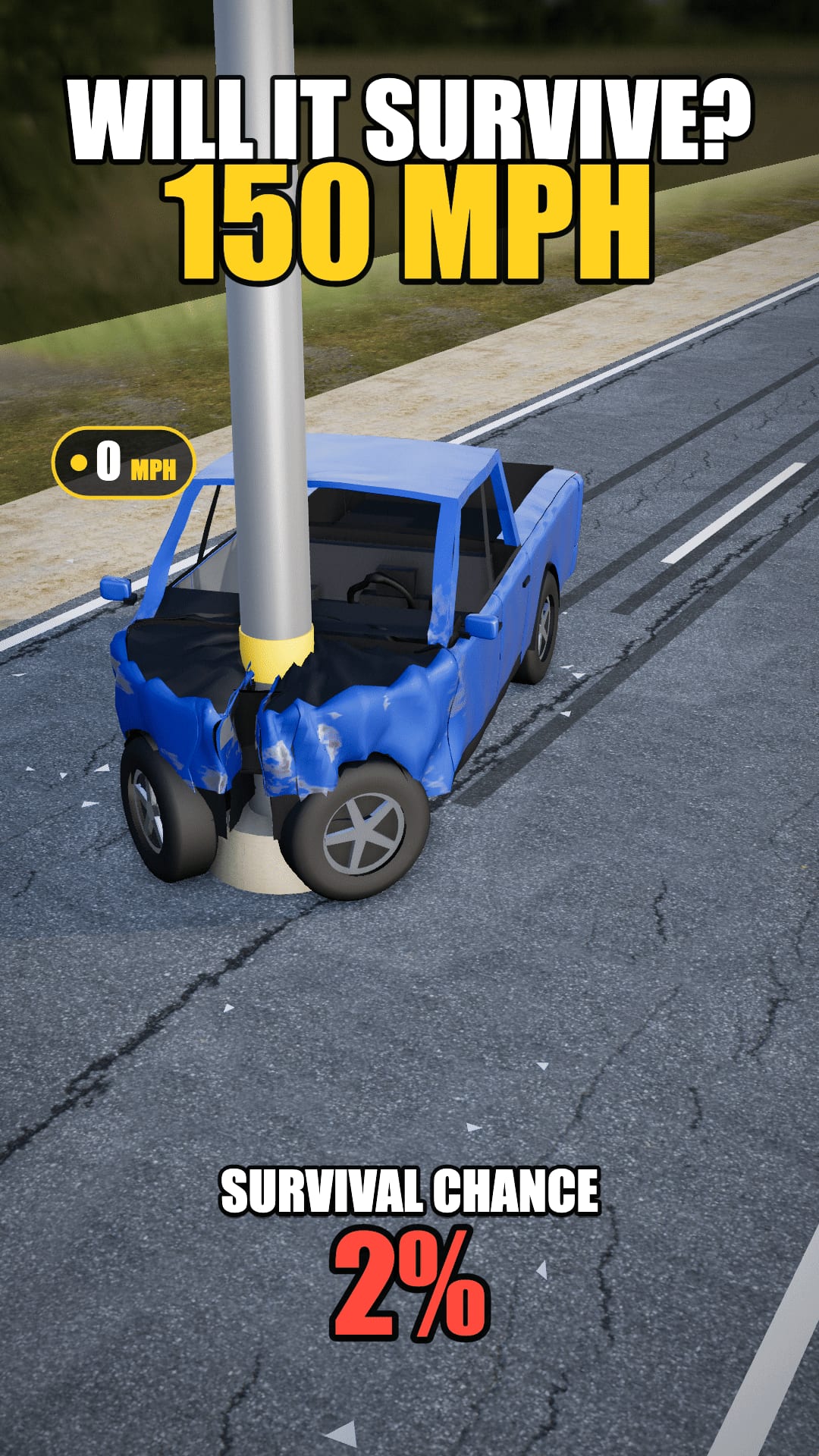 A full-size pickup truck folding around a steel pole