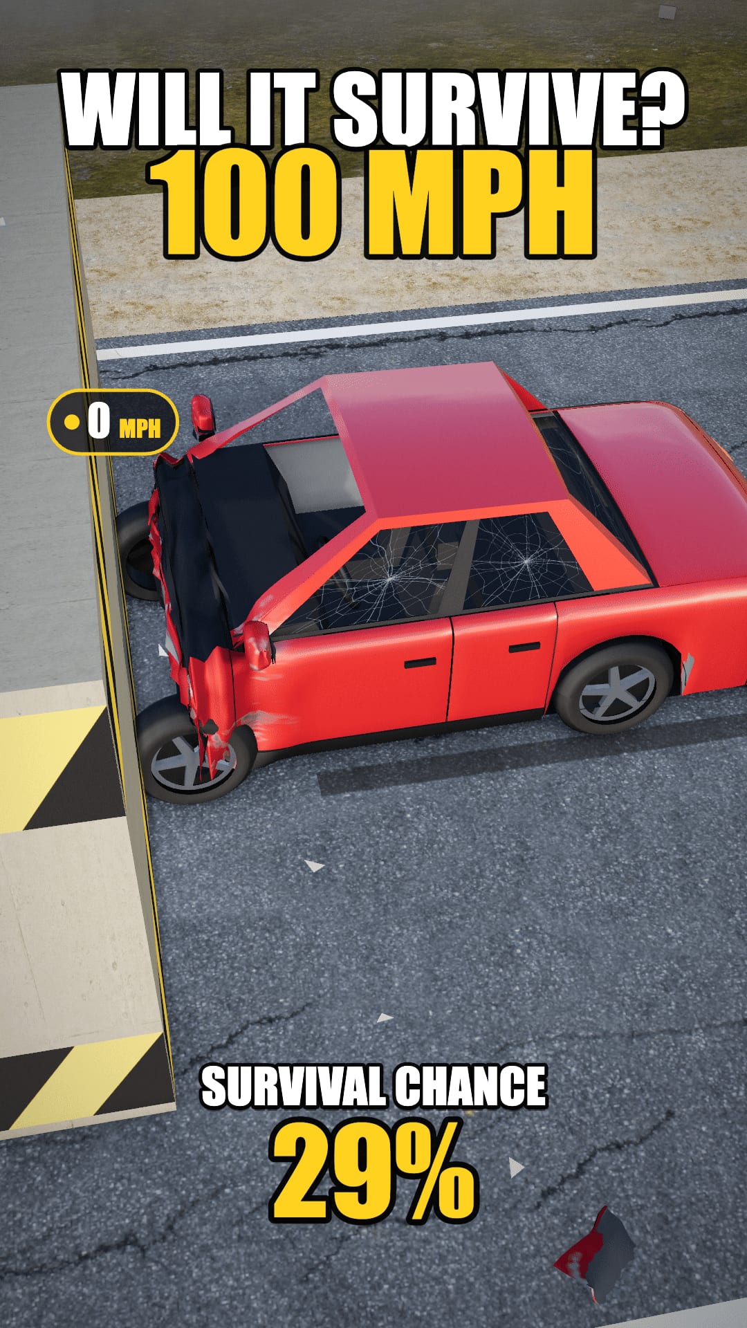 A red compact sedan crumpling against a striped concrete wall