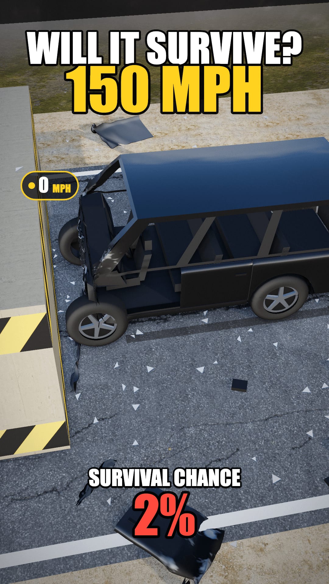 A full-size SUV with a crushed front end after a wall crash