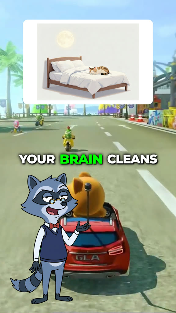 A character explainer frame made by GhostShorts: Dex says "Your brain cleans itself while you sleep."