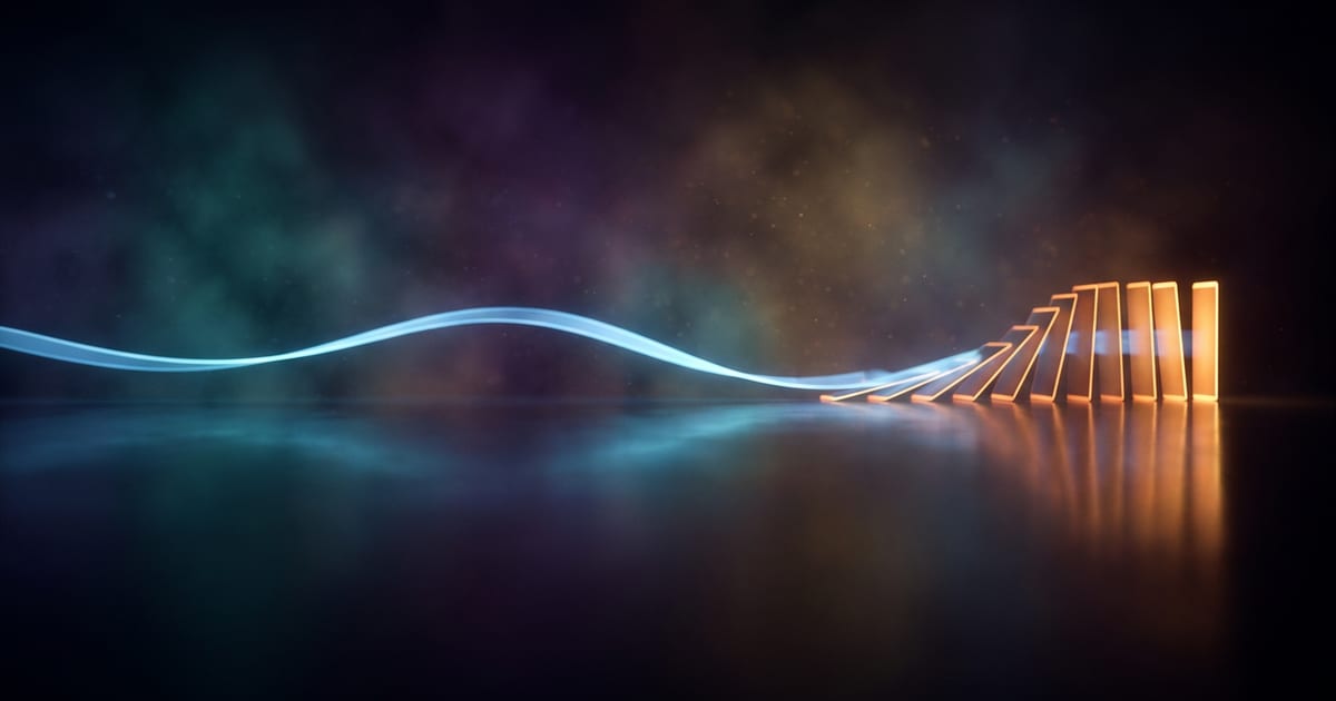 A long bar of light breaking apart into a row of small upright glowing panels