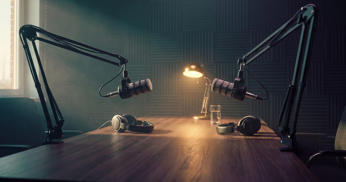 An empty podcast studio, two broadcast microphones on boom arms across a walnut table