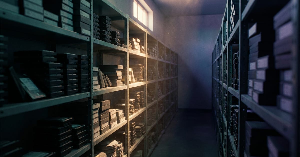 A dim archive room with deep shelving racks of unlabelled drives, warm light falling across them