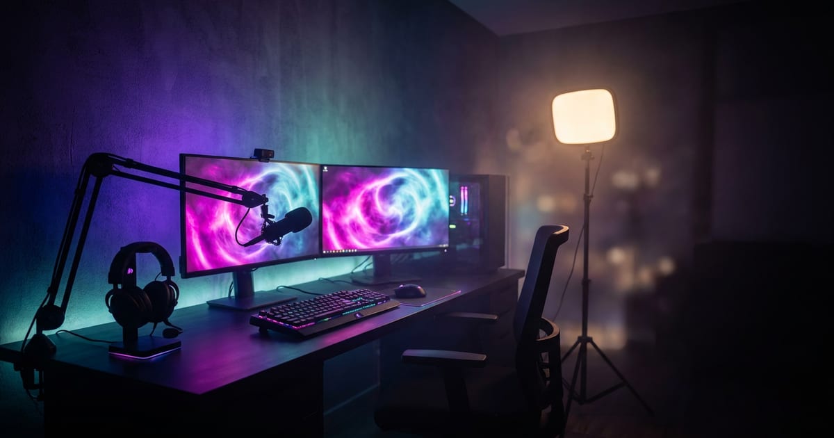 An empty streaming desk at night, dual monitors, headset, boom mic and RGB lighting