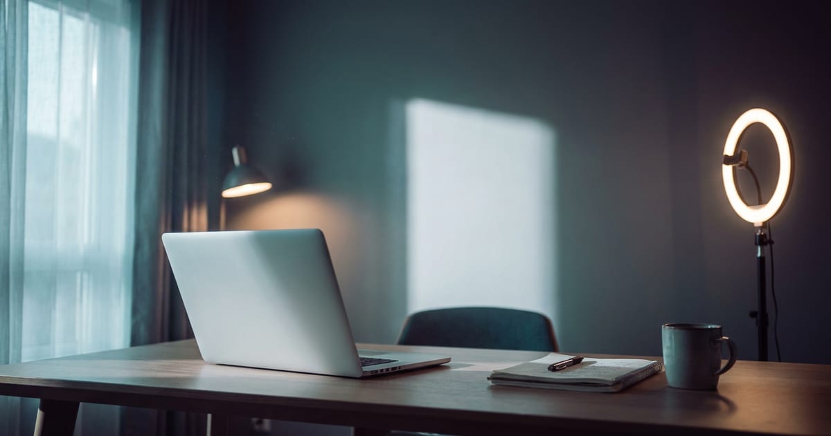 A tidy home-office desk in morning light, laptop, ring light and a blank projection panel behind