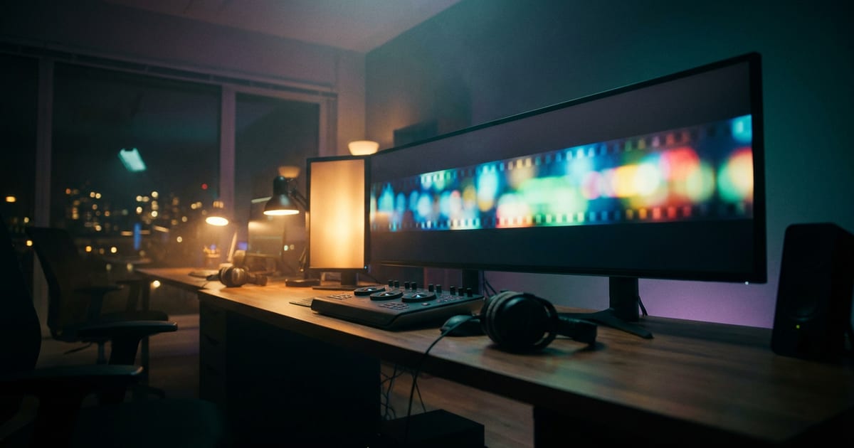 A dark editing suite at night, a long ultrawide monitor glowing with a strip of colour