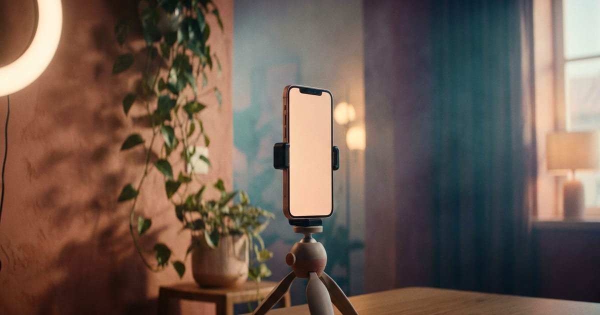 A warm pastel studio, a phone mounted vertically on a tripod, a ring light glowing beside it