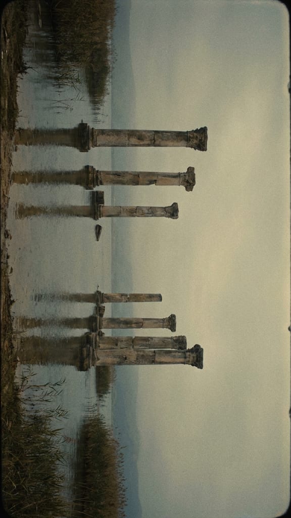 A ruined colonnade half sunk in still water