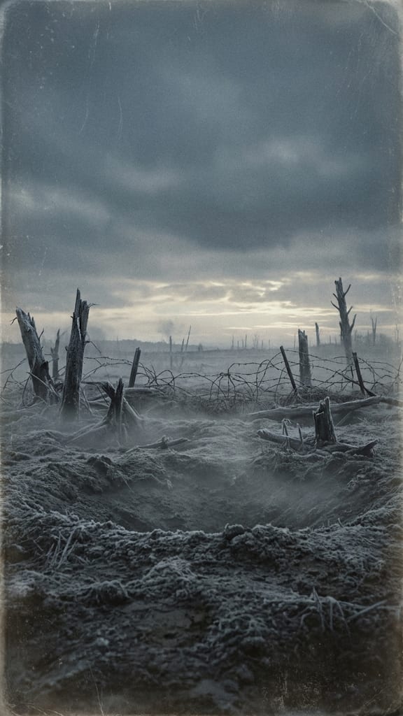 A cratered field under low cloud at dawn