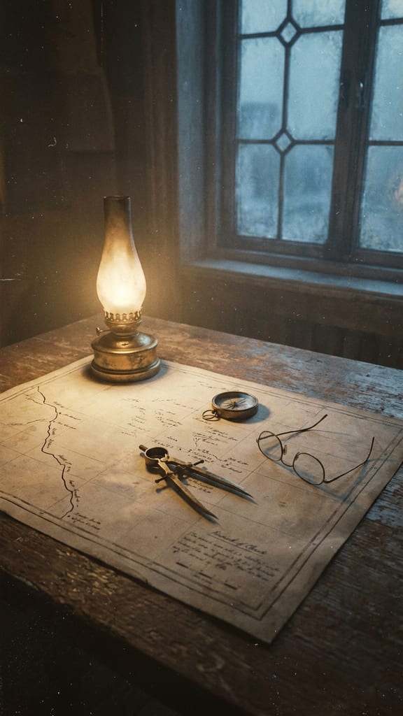 An inked route map and brass instruments on a worn table