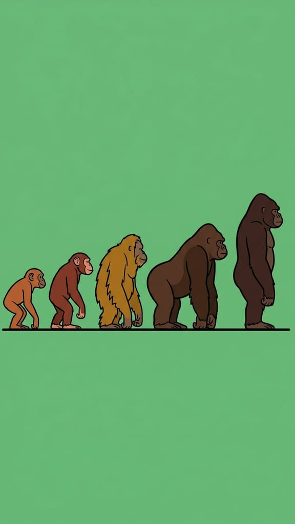 Five distinct great-ape silhouettes standing in a row at graduated heights