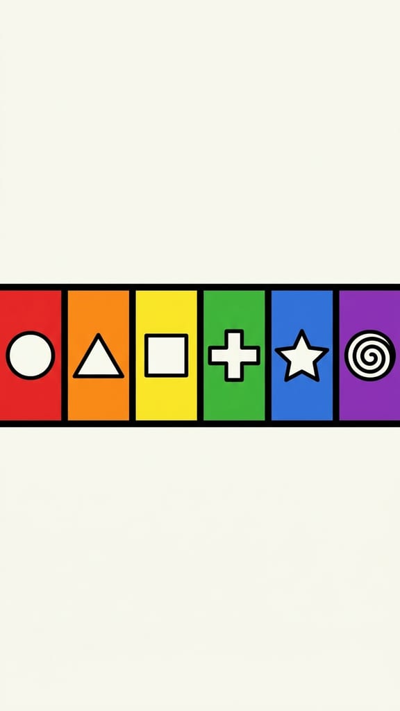 A horizontal band of six flat colour blocks, each carrying one abstract emblem