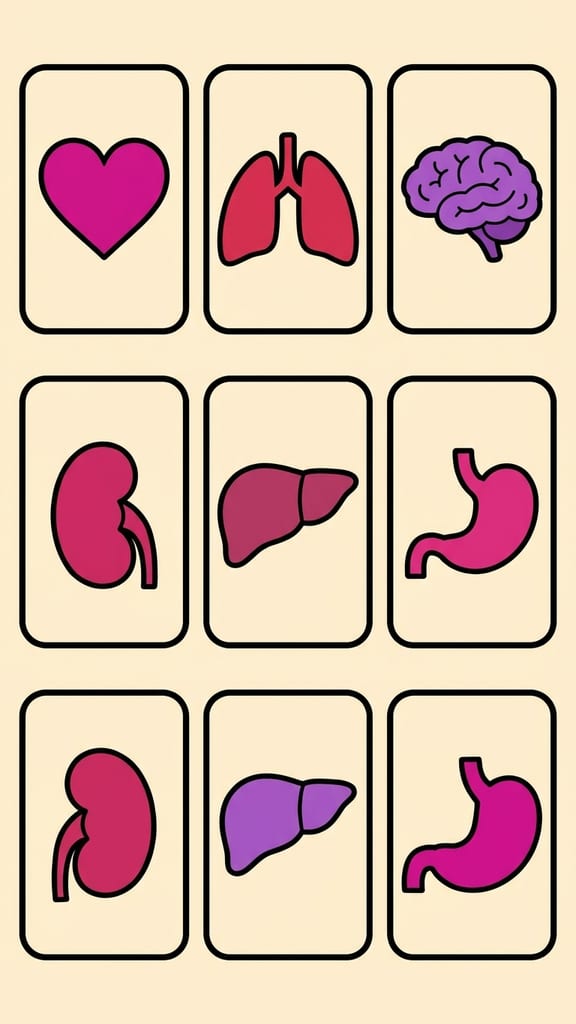 A set of six flat-cartoon human organ shapes arranged evenly on a plain field