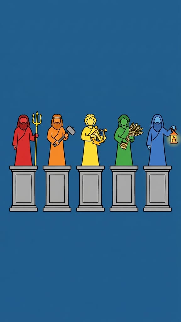 A row of five robed figures on stone plinths, each holding a different simple emblem