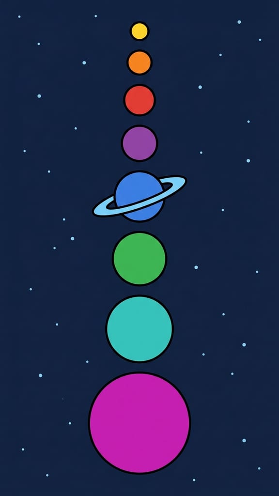 Eight flat-colour planet circles in a row at graduated sizes on a dark sky