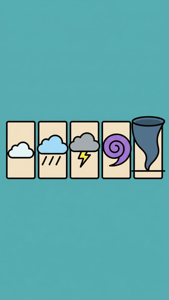 Five stylised storm shapes escalating in size from a light cloud to a funnel