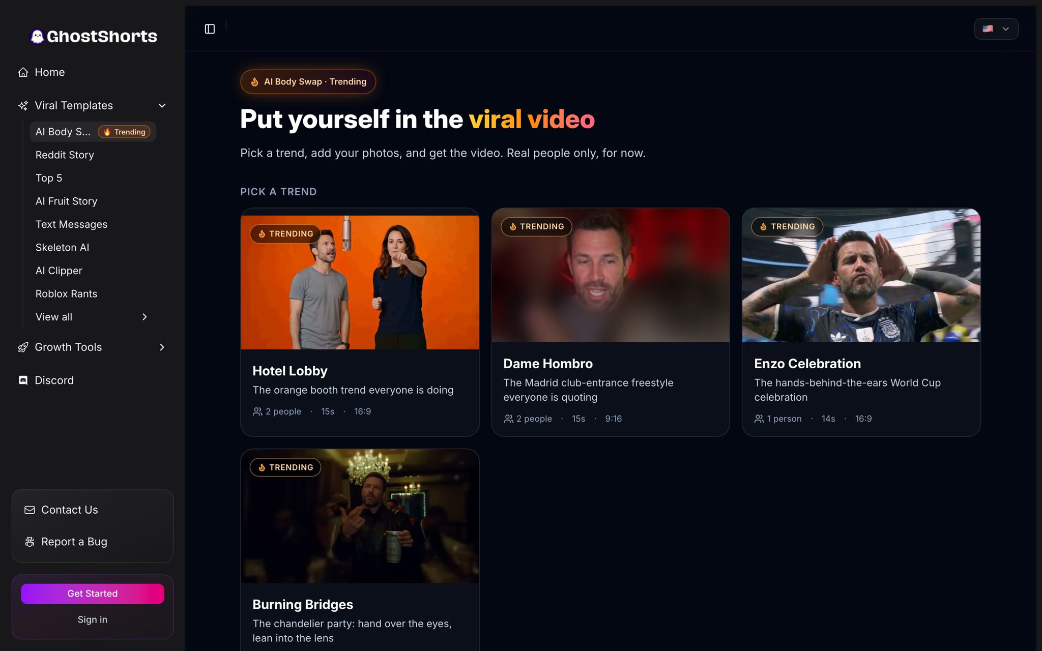 The AI Body Swap app: Pick a trend, with Hotel Lobby, Dame Hombro, Enzo Celebration and Burning Bridges, each showing how many people, the length and the format