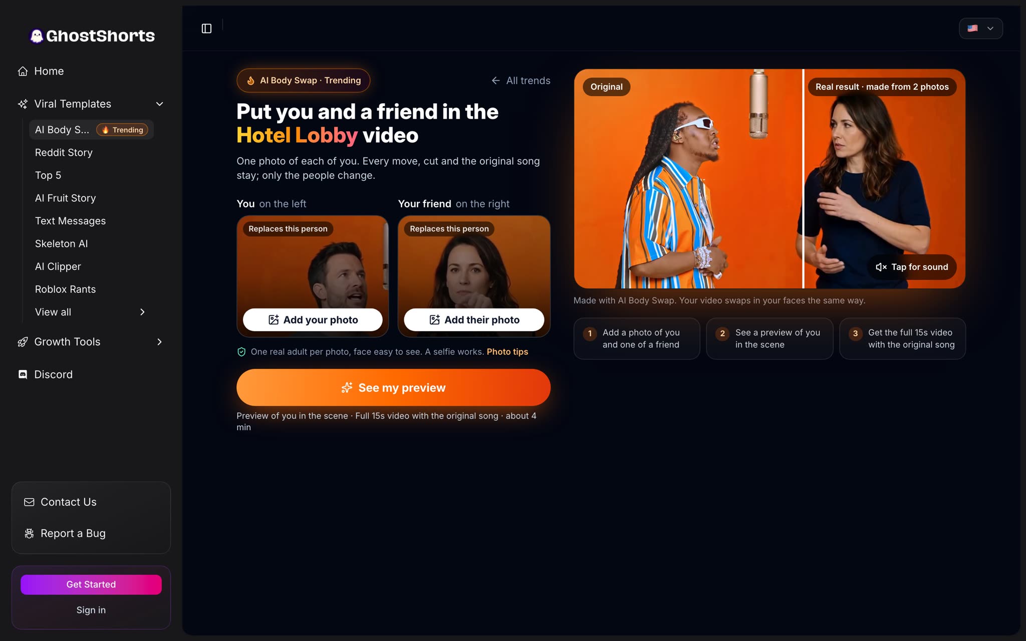 The Hotel Lobby screen: two photo spots, You on the left and Your friend on the right, each showing the person it replaces, and the See my preview button