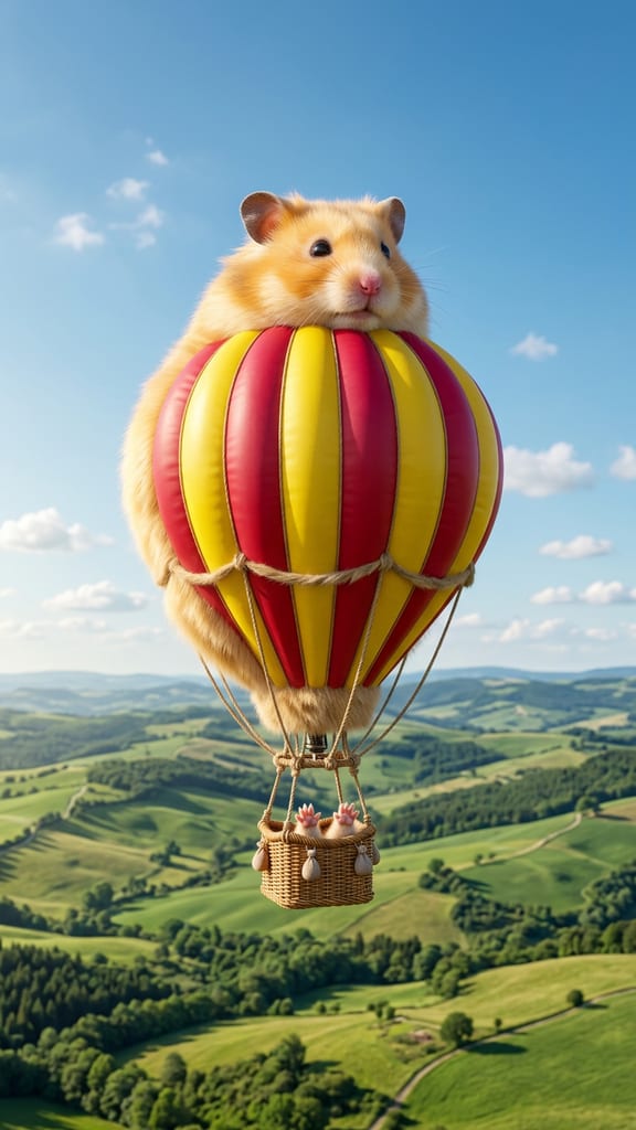 An original AI creature: a hamster whose body is a striped hot air balloon