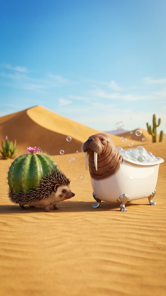 Two original AI creatures face off: a hedgehog that is a cactus and a walrus that is a bathtub