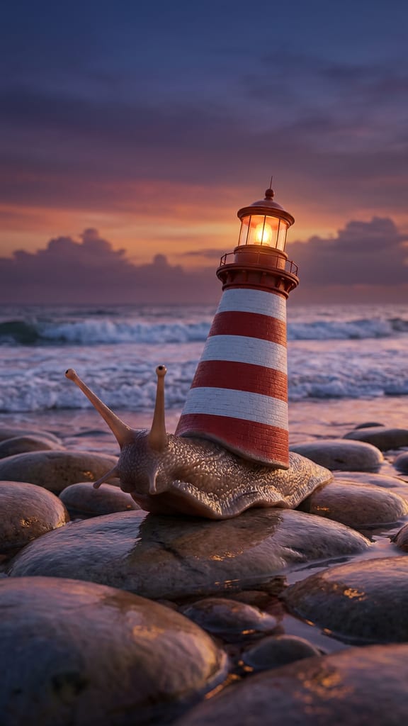 An original AI creature: a snail carrying a striped lighthouse as its shell