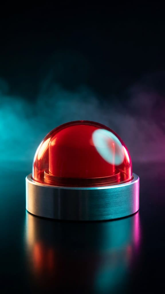 A contestant buzzer glowing on a lit desk