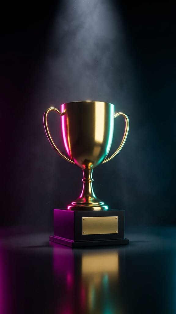 A trophy glowing under a single spotlight