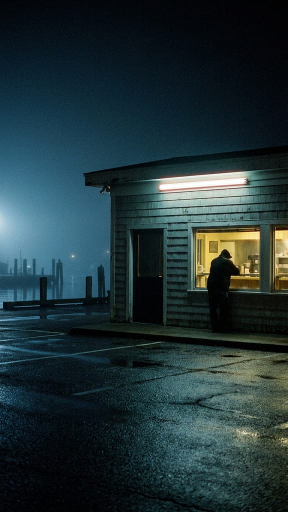 A late-night coastal diner glowing on a rain-slicked street