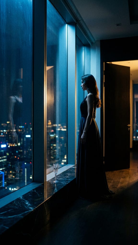 A figure alone at a floor-to-ceiling penthouse window at dusk