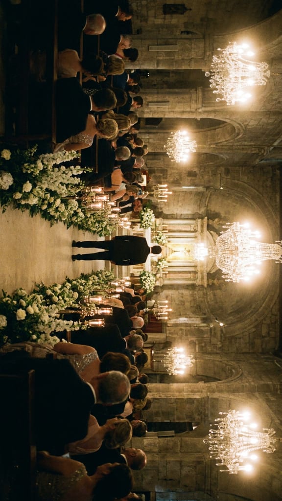 A wedding reception frozen mid-toast as the room turns to look