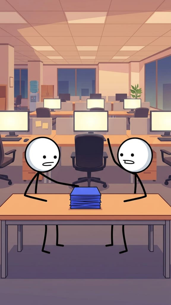 Two ink stick figures at a desk outline with a short stack of papers between them
