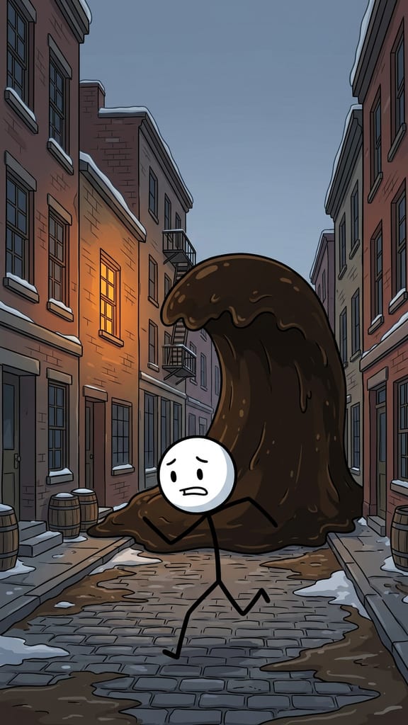 An ink stick figure running ahead of a tall dark wave past outline buildings