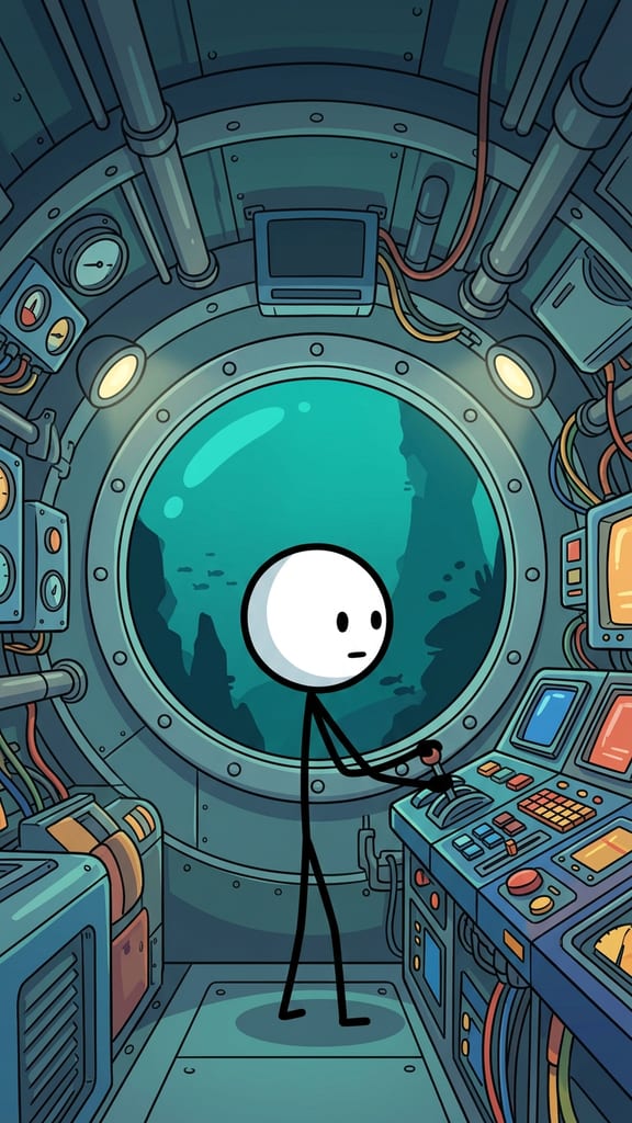 An ink stick figure inside a submarine outline descending past cobalt blue water lines