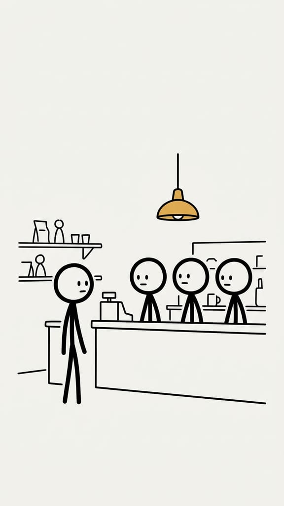 An ink stick figure standing alone at a counter outline facing a row of three others