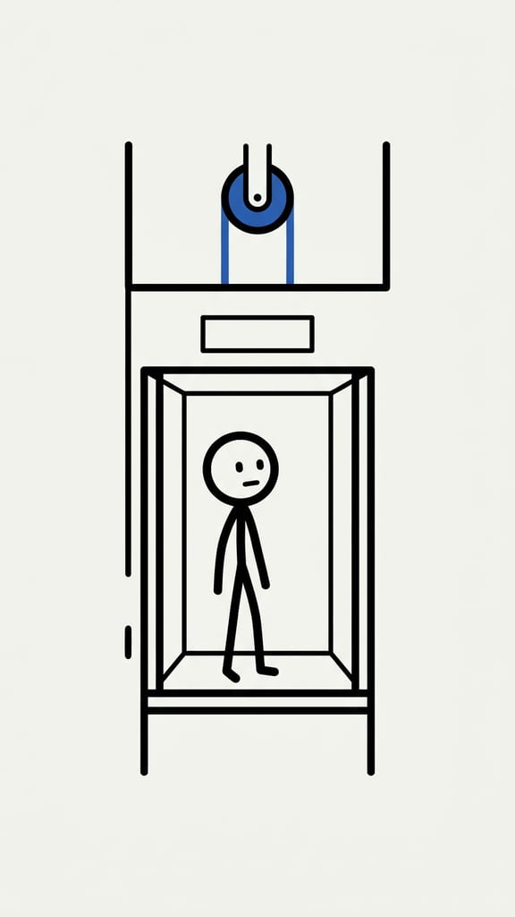 An ink stick figure in an elevator outline with a pulley and cable above it