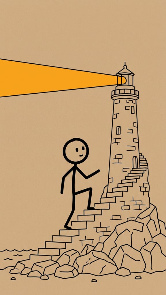 An ink stick figure climbing a lighthouse outline with an amber beam across the sky
