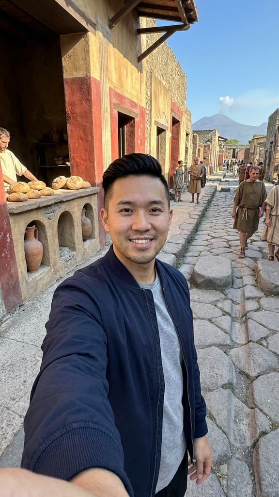 Kai Nakamura filming a selfie vlog in Pompeii, 79 CE, the morning Vesuvius woke