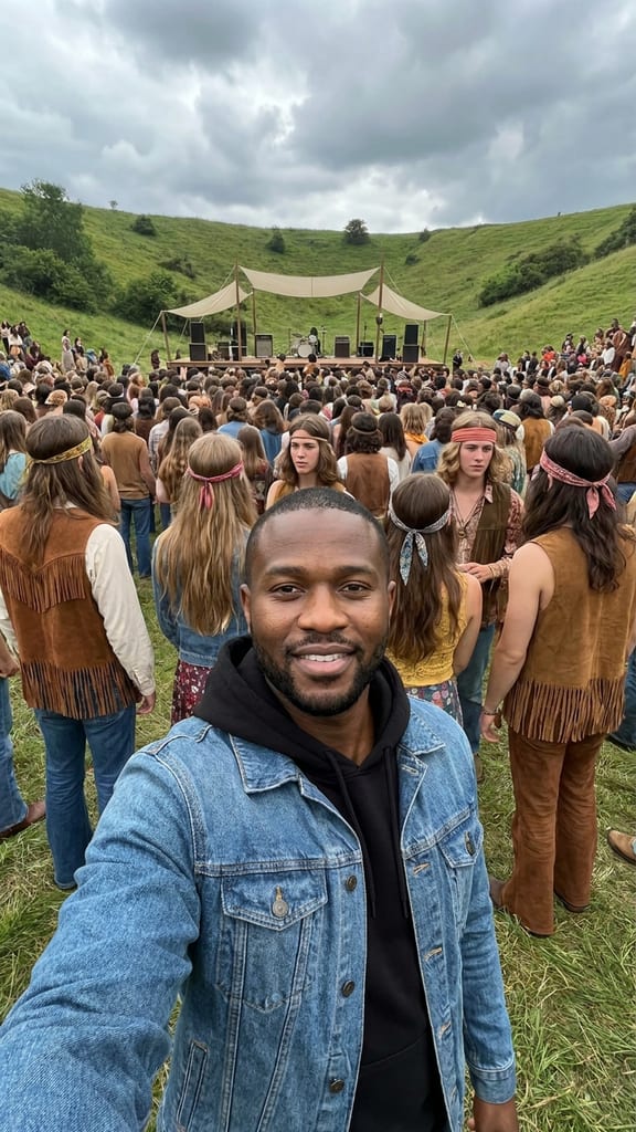 Sam Okafor filming a selfie vlog in Woodstock, 1969