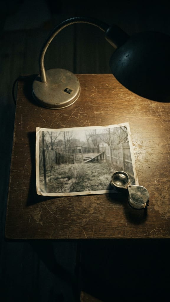 A faded photographic print under a desk lamp