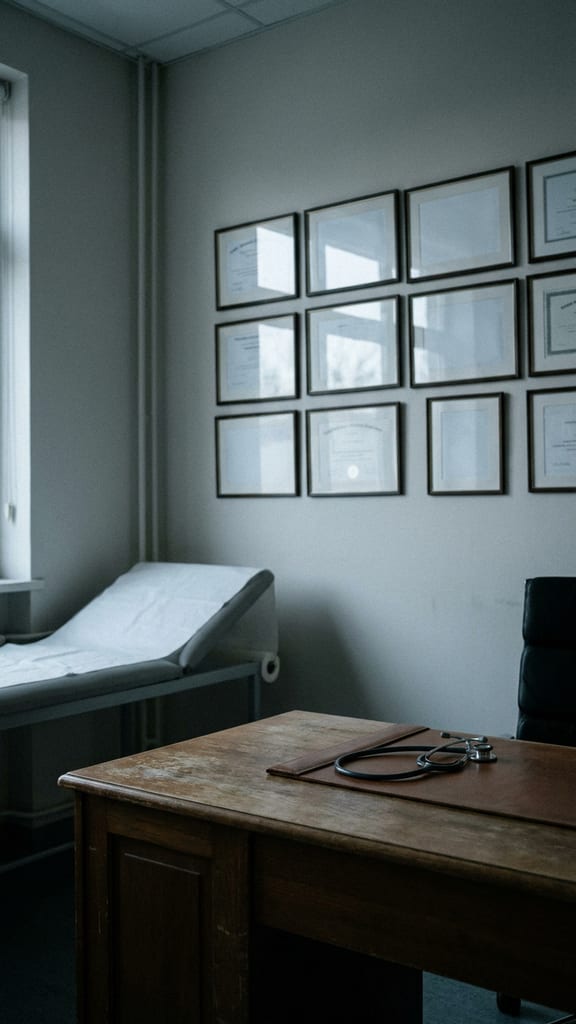 A consulting room hung with blank diplomas