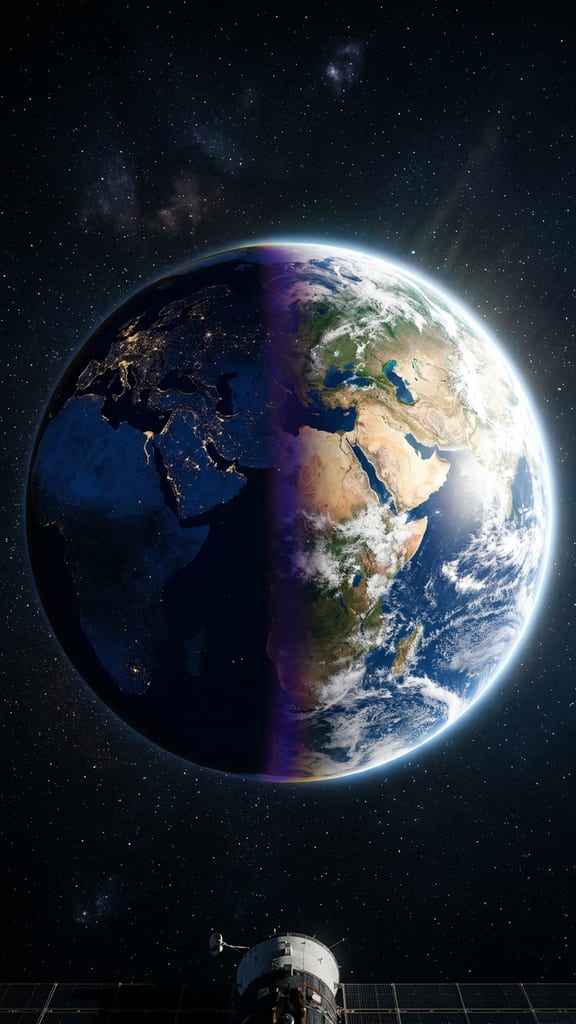 Earth from orbit split into a permanent day side and night side